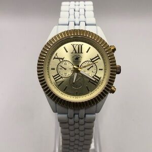 Beverly Hills Polo Club Women’s Watch White Band (New Battery) Gold Bezel Clean